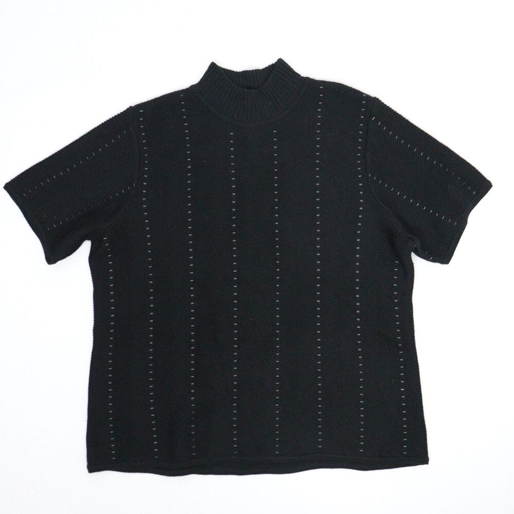 Vintage Jones New York Black Sequin Sweater Short Sleeve Merino Wool 1X‎ Preppy